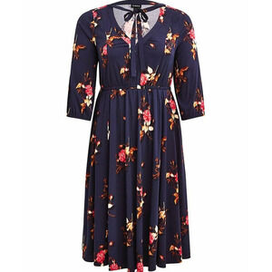 Torrid 2X 18/20 Floral Stretch Challis Secretary Tie Neck Midi‎ Dress w/Pockets